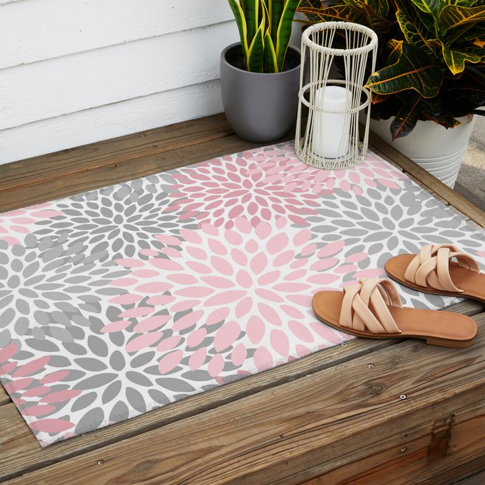 Festive, Floral Prints, Pink, Gray, White Outdoor Rug Gallery Image 2
