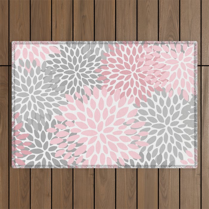 Festive, Floral Prints, Pink, Gray, White Outdoor Rug Gallery Image 1