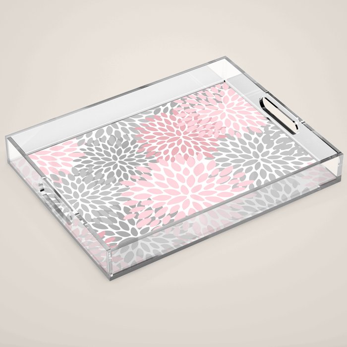 Festive, Floral Prints, Pink, Gray, White Acrylic Tray Gallery Image 1