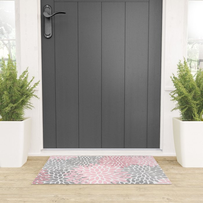 Festive, Floral Prints, Pink, Gray, White Welcome Mat Gallery Image 3