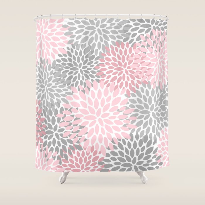 Festive, Floral Prints, Pink, Gray, White Shower Curtain Gallery Image 1