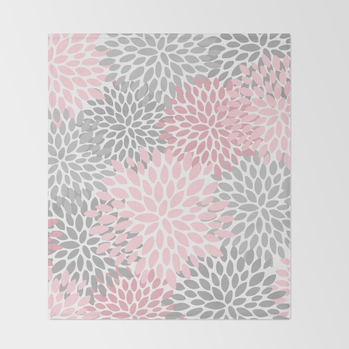 Festive, Floral Prints, Pink, Gray, White Throw Blanket Gallery Image 2
