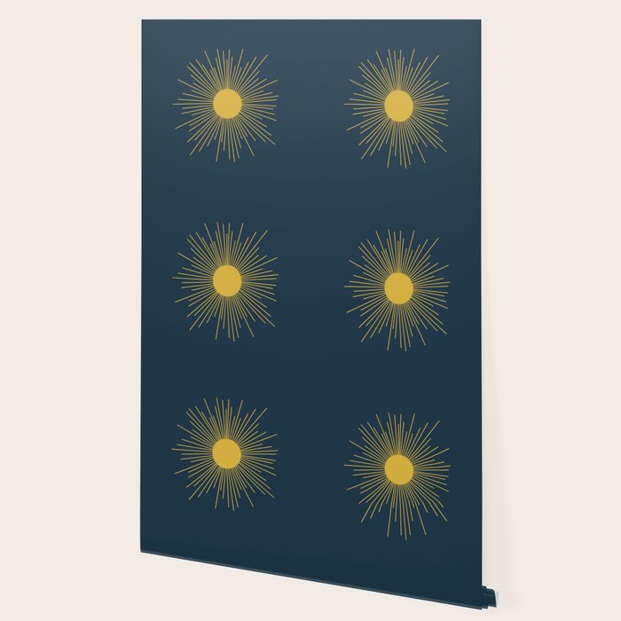 Mid-Century Modern Sunburst II in Light Mustard and Navy Blue Wallpaper Gallery Image 2