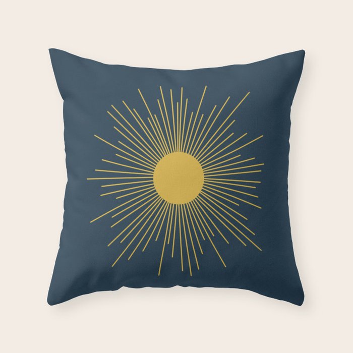 Mid-Century Modern Sunburst II in Light Mustard and Navy Blue Throw Pillow Gallery Image 1
