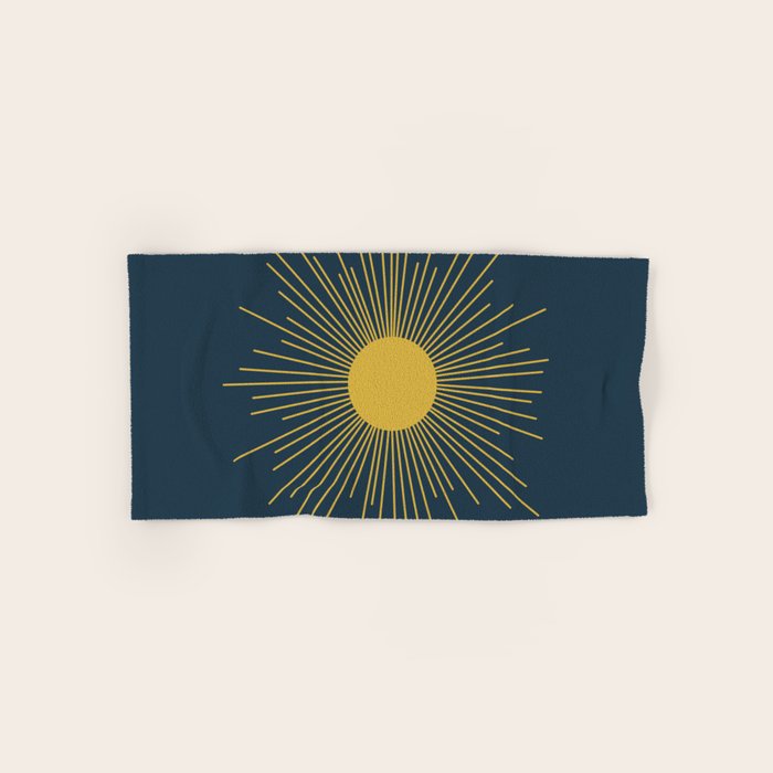 Mid-Century Modern Sunburst II in Light Mustard and Navy Blue Bath Towel Gallery Image 1