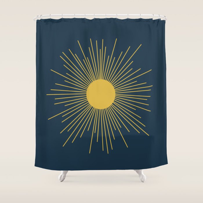 Mid-Century Modern Sunburst II in Light Mustard and Navy Blue Shower Curtain Gallery Image 1