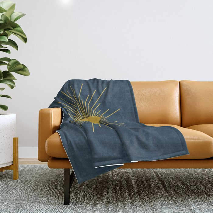 Mid-Century Modern Sunburst II in Light Mustard and Navy Blue Throw Blanket Gallery Image 1