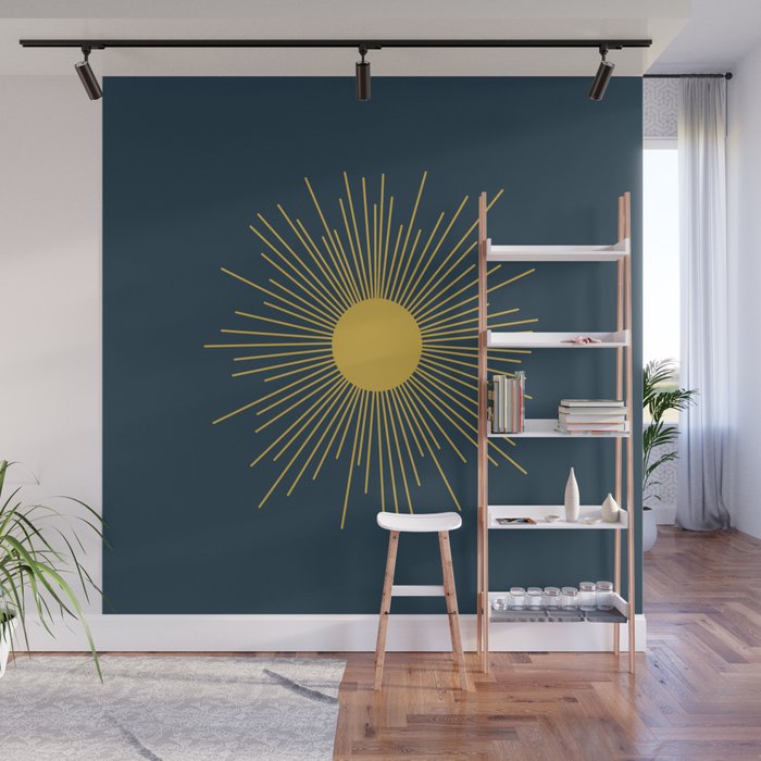Mid-Century Modern Sunburst II in Light Mustard and Navy Blue Wall Mural Gallery Image 1