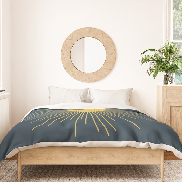 Mid-Century Modern Sunburst II in Light Mustard and Navy Blue Duvet Cover Gallery Image 3