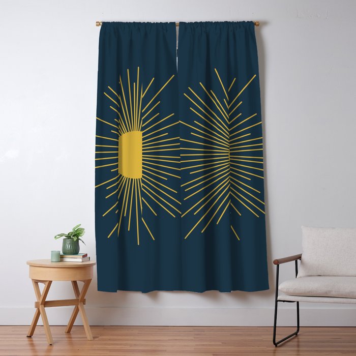 Mid-Century Modern Sunburst II in Light Mustard and Navy Blue Window Curtain Gallery Image 1