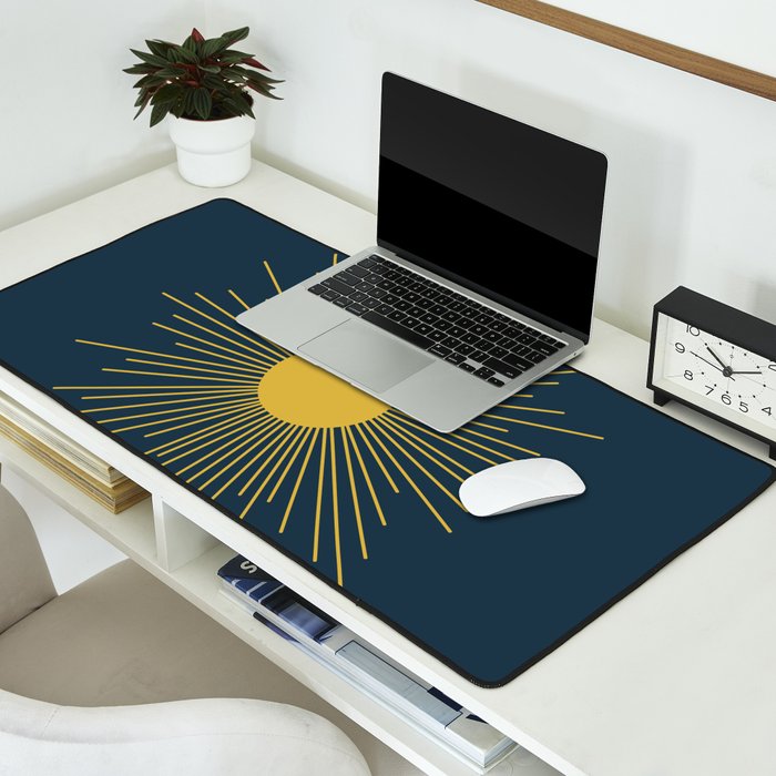 Mid-Century Modern Sunburst II in Light Mustard and Navy Blue Desk Mat Gallery Image 2