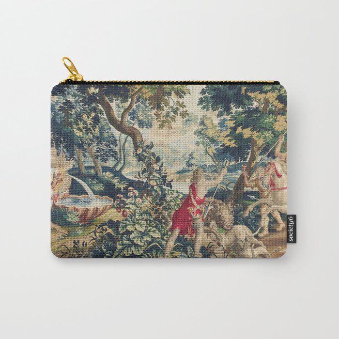 Antique 18th Century Flemish Mythological Hunting Tapestry Carry All Pouch Gallery Image 1