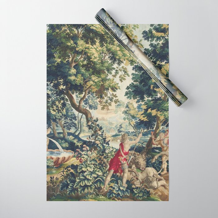 Antique 18th Century Flemish Mythological Hunting Tapestry Wrapping Paper Gallery Image 1