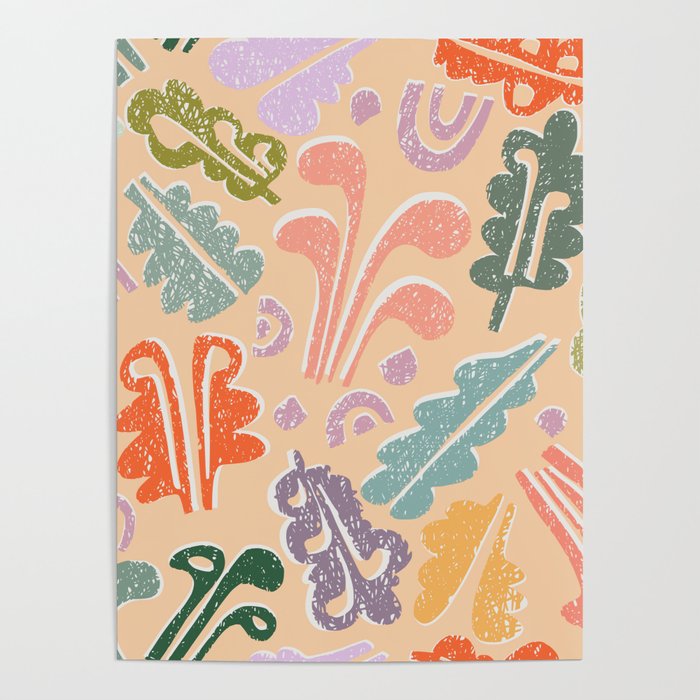 Block print leaves pattern peachy Poster Gallery Image 1