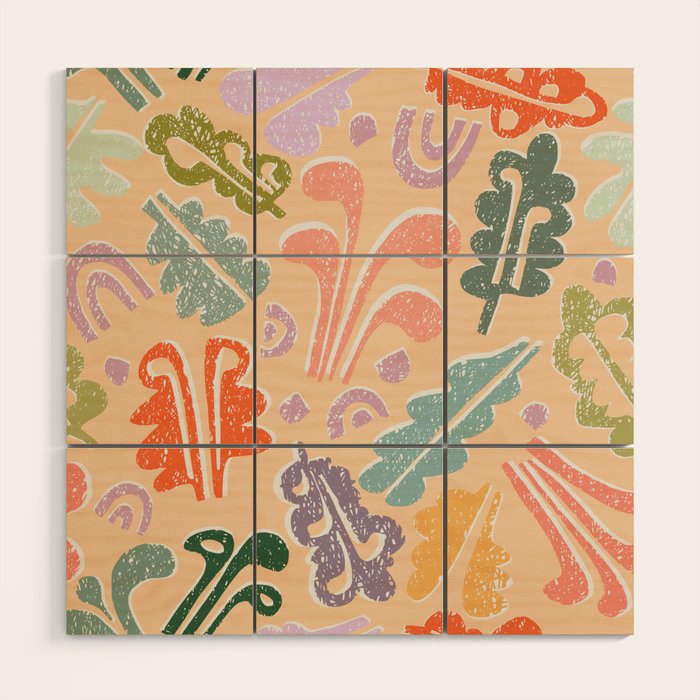 Block print leaves pattern peachy Wood Wall Art Gallery Image 1