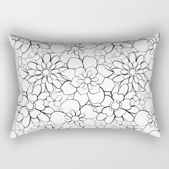 Black and white hand drawn flower art pattern Rectangular Pillow Gallery Image 1