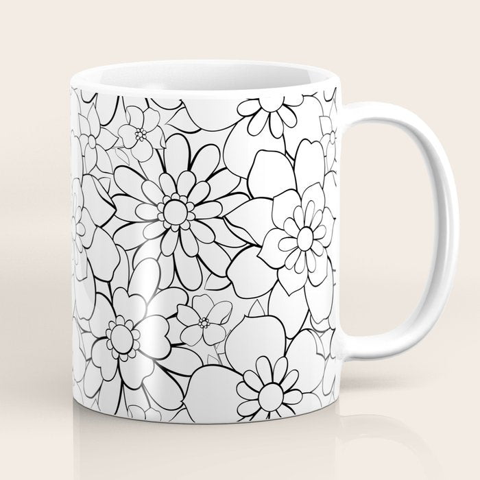 Black and white hand drawn flower art pattern Coffee Mug Gallery Image 1