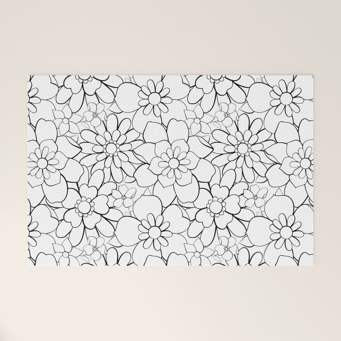 Black and white hand drawn flower art pattern Welcome Mat Gallery Image 1