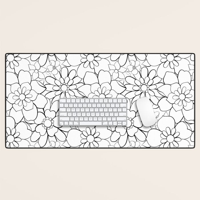 Black and white hand drawn flower art pattern Desk Mat Gallery Image 1
