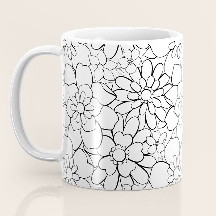 Black and white hand drawn flower art pattern Coffee Mug Gallery Image 3