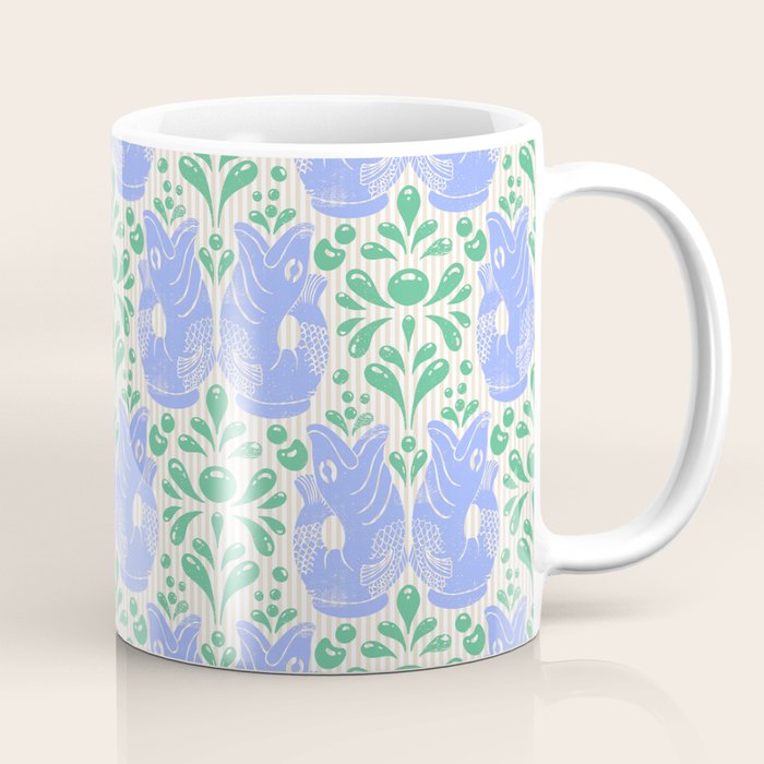 Retro Gurgle Fish Vases On Stripes - Blue And Teal Coffee Mug Gallery Image 1