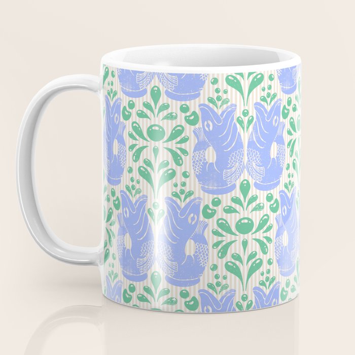 Retro Gurgle Fish Vases On Stripes - Blue And Teal Coffee Mug Gallery Image 3