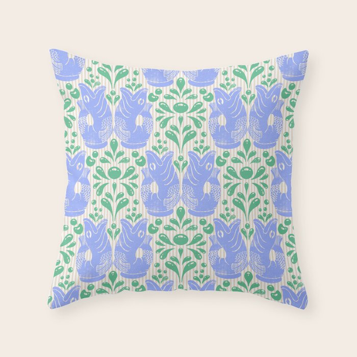 Retro Gurgle Fish Vases On Stripes - Blue And Teal Throw Pillow Gallery Image 6