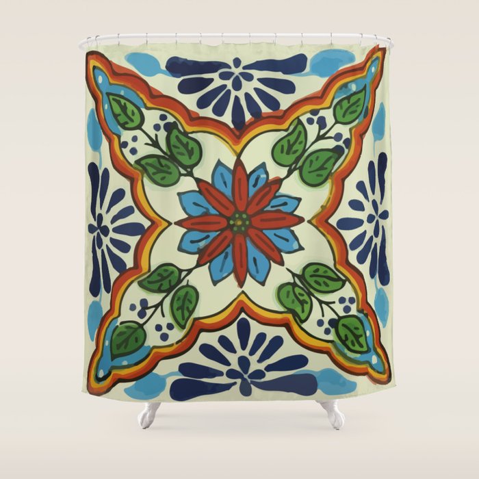 Cross art nouveau mexican talavera tile azulejo interior design Shower Curtain Gallery Image 1