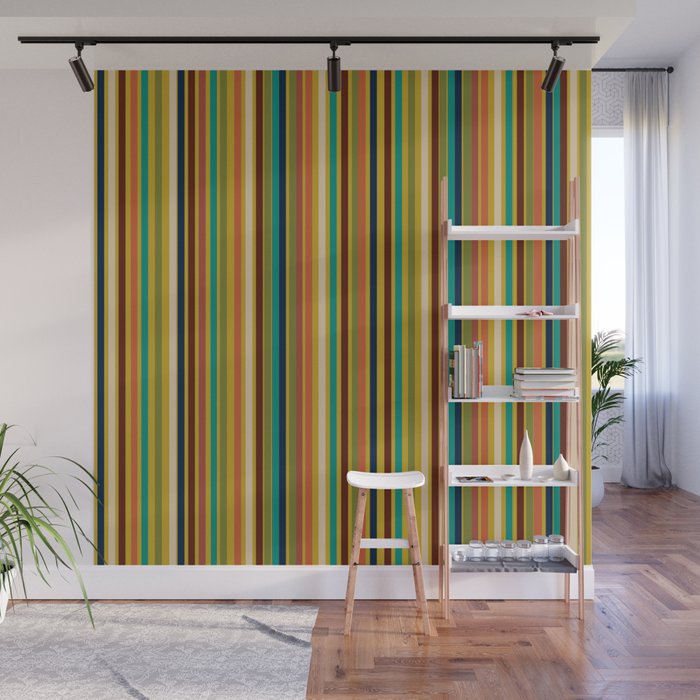 Joseph Stripes Vertical - Mid Century Mod Stripe Pattern in Teal, Olive, Maroon, Navy, Orange, and Mustard Wall Mural Gallery Image 1