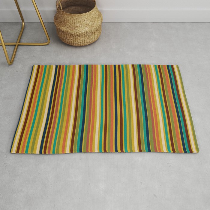 Joseph Stripes Vertical - Mid Century Mod Stripe Pattern in Teal, Olive, Maroon, Navy, Orange, and Mustard Rug Gallery Image 1