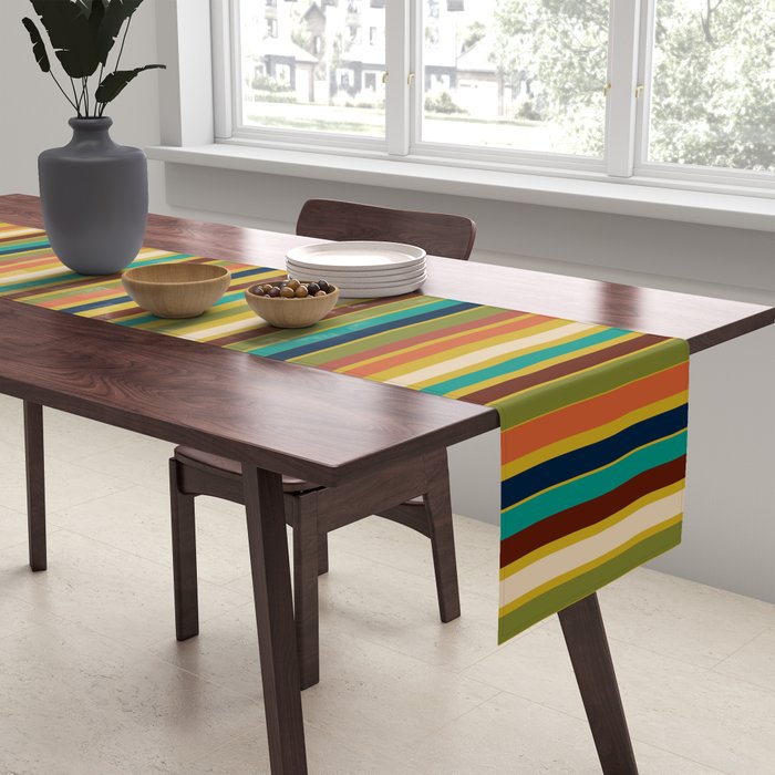 Joseph Stripes Vertical - Mid Century Mod Stripe Pattern in Teal, Olive, Maroon, Navy, Orange, and Mustard Table Runner Gallery Image 2