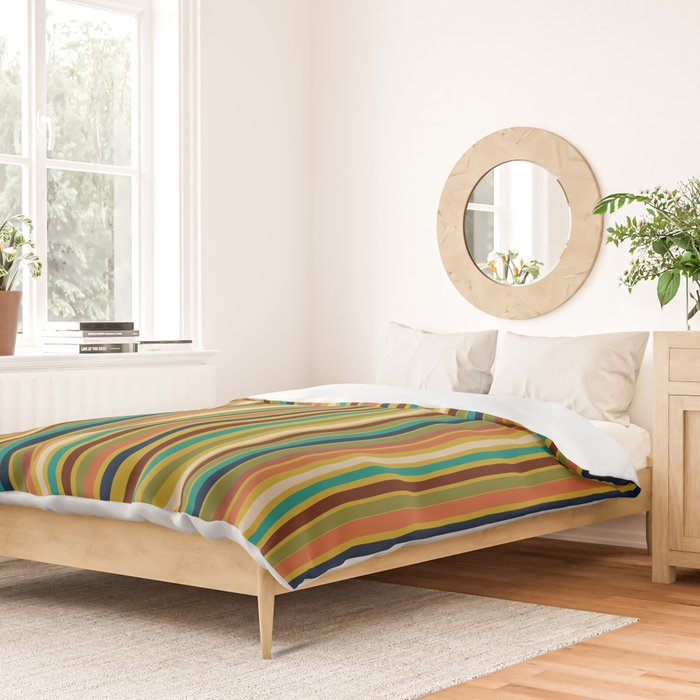 Joseph Stripes Vertical - Mid Century Mod Stripe Pattern in Teal, Olive, Maroon, Navy, Orange, and Mustard Duvet Cover Gallery Image 2