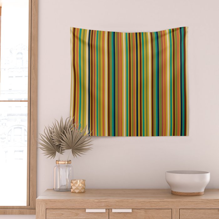 Joseph Stripes Vertical - Mid Century Mod Stripe Pattern in Teal, Olive, Maroon, Navy, Orange, and Mustard Wall Tapestry Gallery Image 2