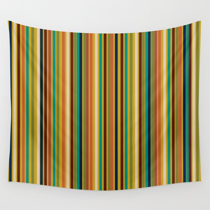 Joseph Stripes Vertical - Mid Century Mod Stripe Pattern in Teal, Olive, Maroon, Navy, Orange, and Mustard Wall Tapestry Gallery Image 4