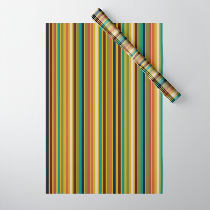 Joseph Stripes Vertical - Mid Century Mod Stripe Pattern in Teal, Olive, Maroon, Navy, Orange, and Mustard Wrapping Paper Gallery Image 1