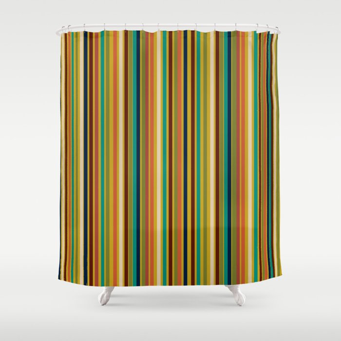 Joseph Stripes Vertical - Mid Century Mod Stripe Pattern in Teal, Olive, Maroon, Navy, Orange, and Mustard Shower Curtain Gallery Image 1