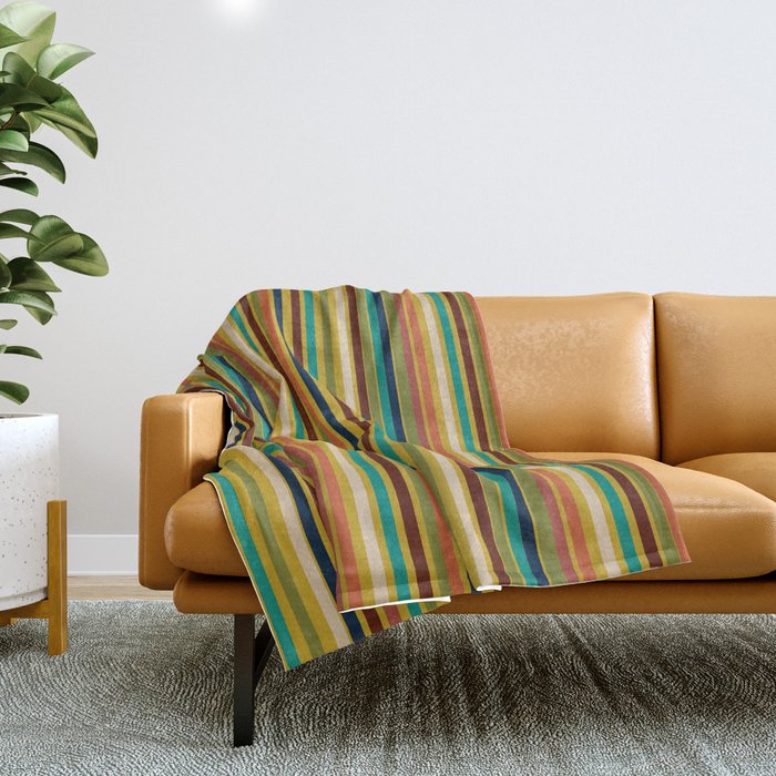 Joseph Stripes Vertical - Mid Century Mod Stripe Pattern in Teal, Olive, Maroon, Navy, Orange, and Mustard Throw Blanket Gallery Image 1