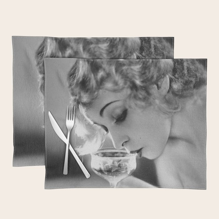 Jazz Age Blond Sipping Champagne black and white photograph / photography Placemat Gallery Image 1