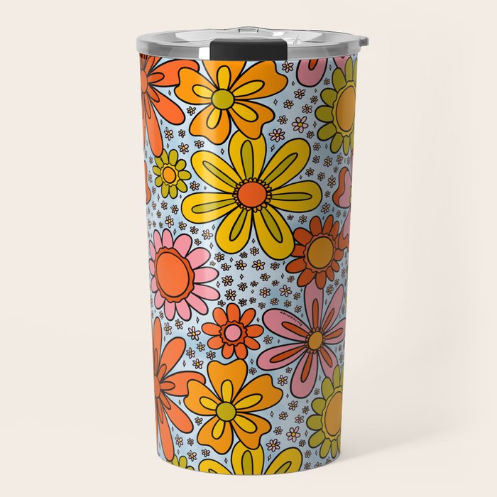 Groovy Flowers in Blue Travel Mug Gallery Image 1