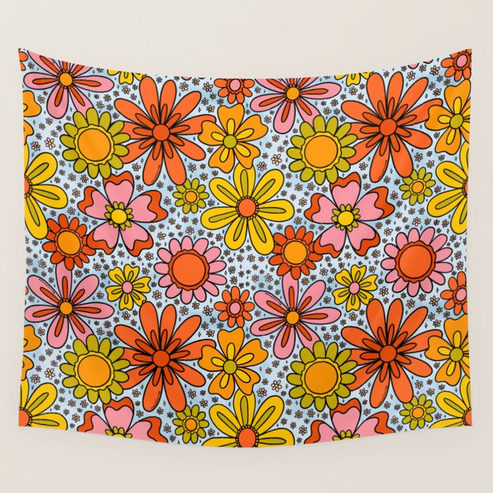 Groovy Flowers in Blue Wall Tapestry Gallery Image 4