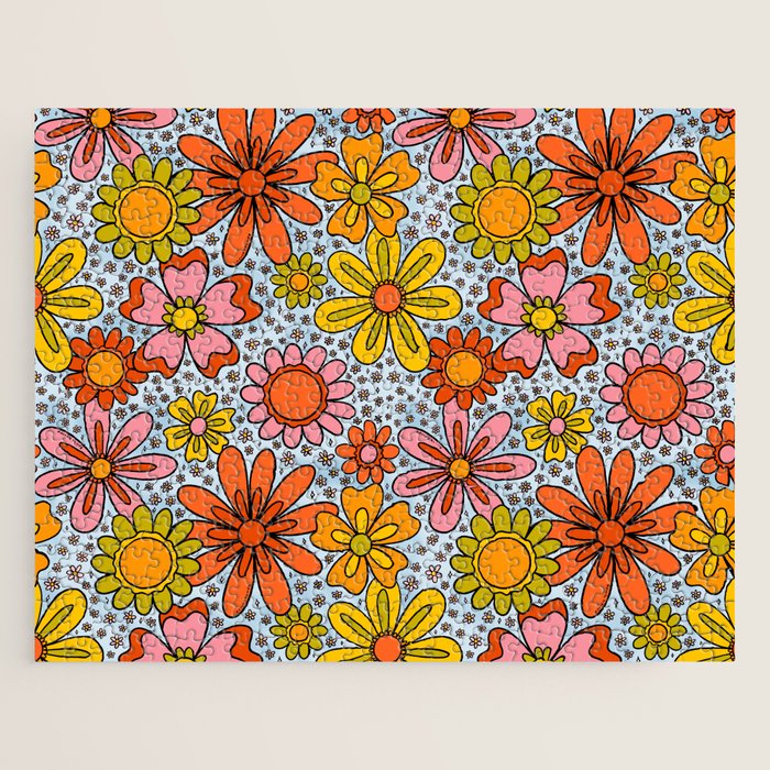 Groovy Flowers in Blue Jigsaw Puzzle Gallery Image 1
