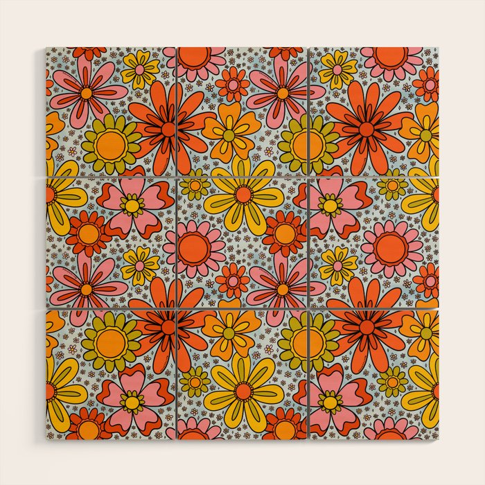 Groovy Flowers in Blue Wood Wall Art Gallery Image 1
