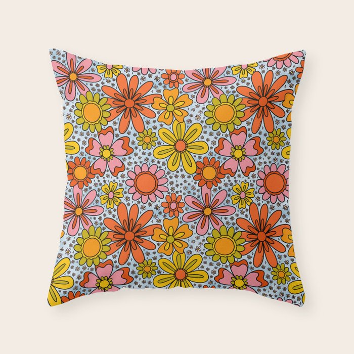 Groovy Flowers in Blue Throw Pillow Gallery Image 1
