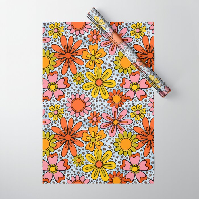 Groovy Flowers in Blue Wrapping Paper Gallery Image 1