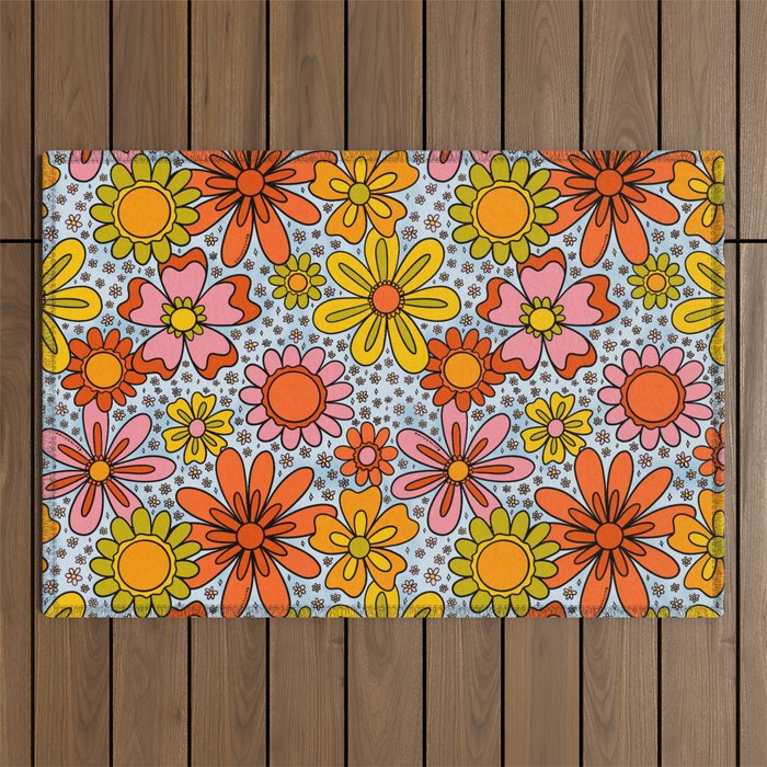 Groovy Flowers in Blue Outdoor Rug Gallery Image 1