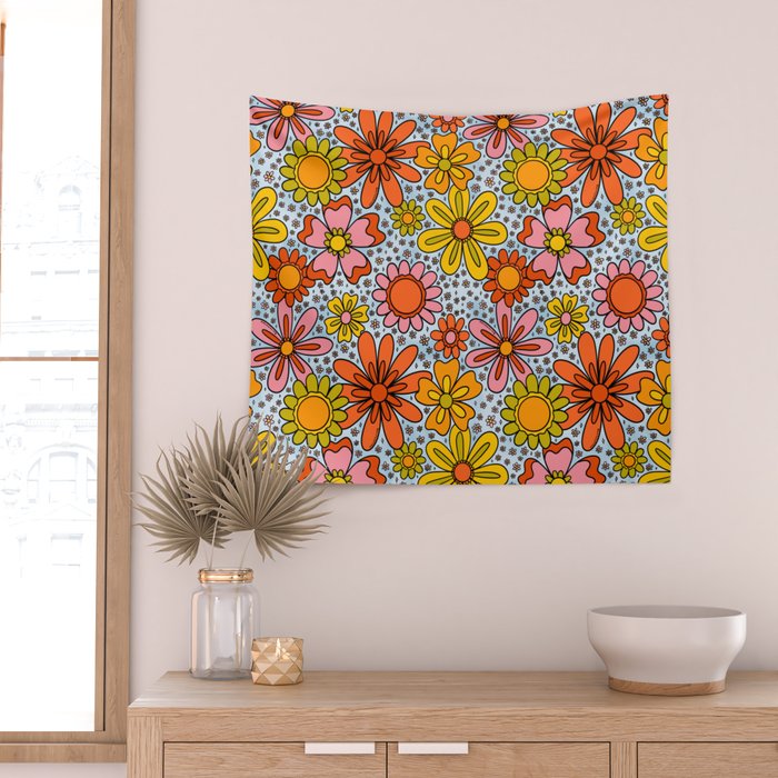 Groovy Flowers in Blue Wall Tapestry Gallery Image 2