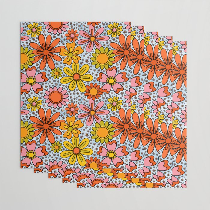Groovy Flowers in Blue Wrapping Paper Gallery Image 3