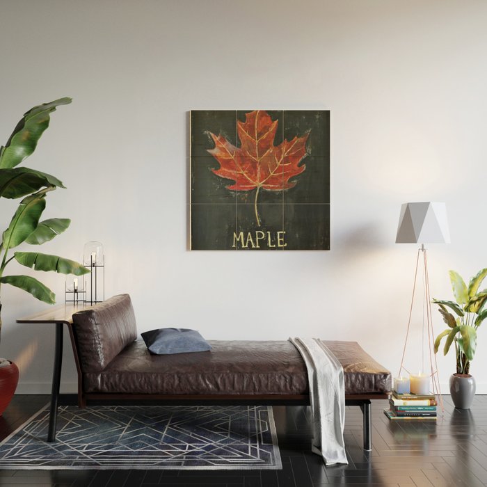 Fall Red Maple Leaf Black Background Wood Wall Art Gallery Image 2