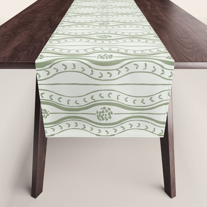 Wavy lines and tiny blooms - sage green tones pattern Table Runner Gallery Image 1