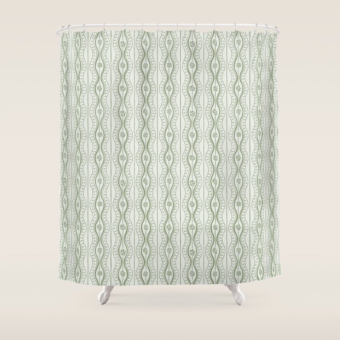 Wavy lines and tiny blooms - sage green tones pattern Shower Curtain Gallery Image 1